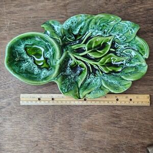 Vintage California Pottery Green Leaf Chip and Dip Relish Tray #113 USA MCM 11in